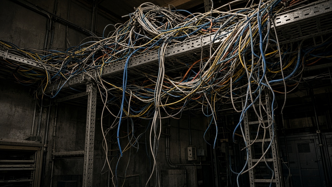 Overloaded cable raceway with tangled bird-nested cables spilling over the tray