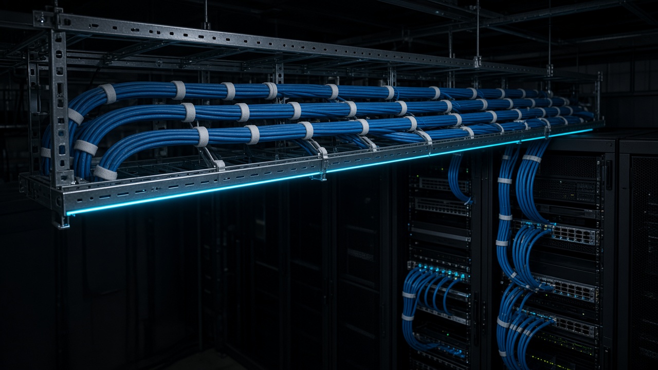 Organized cable raceway with parallel bundled runs, consistent supports, and clean drops into equipment